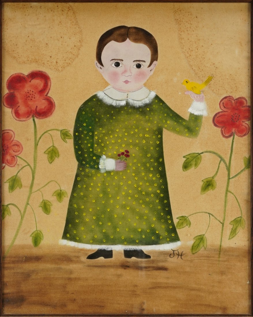 Antique American Folk Art YOUNG CHILD AND YELLOW BIRD Theorem Painting on Velvet (1 of 4)