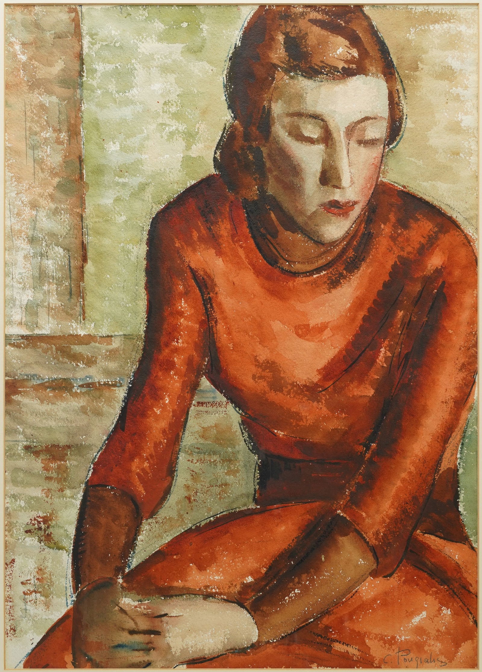 Pougialis, Constantine. WOMAN IN ORANGE Framed Gouache Painting on Paper (1 of 4)