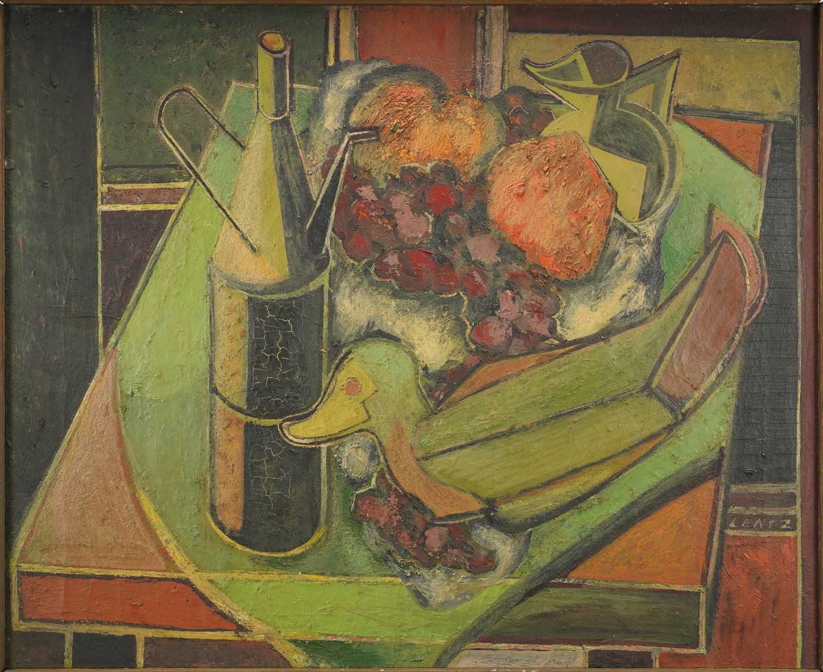 Artist Signed MCM Oil on Canvas Cubist Still Life Framed Painting: Ca. mid 20thC. Shows some dark paint crackle, and could use cleaning and varnish to bring out the colors more. Canvas size approx. 18" x 22" Click here f