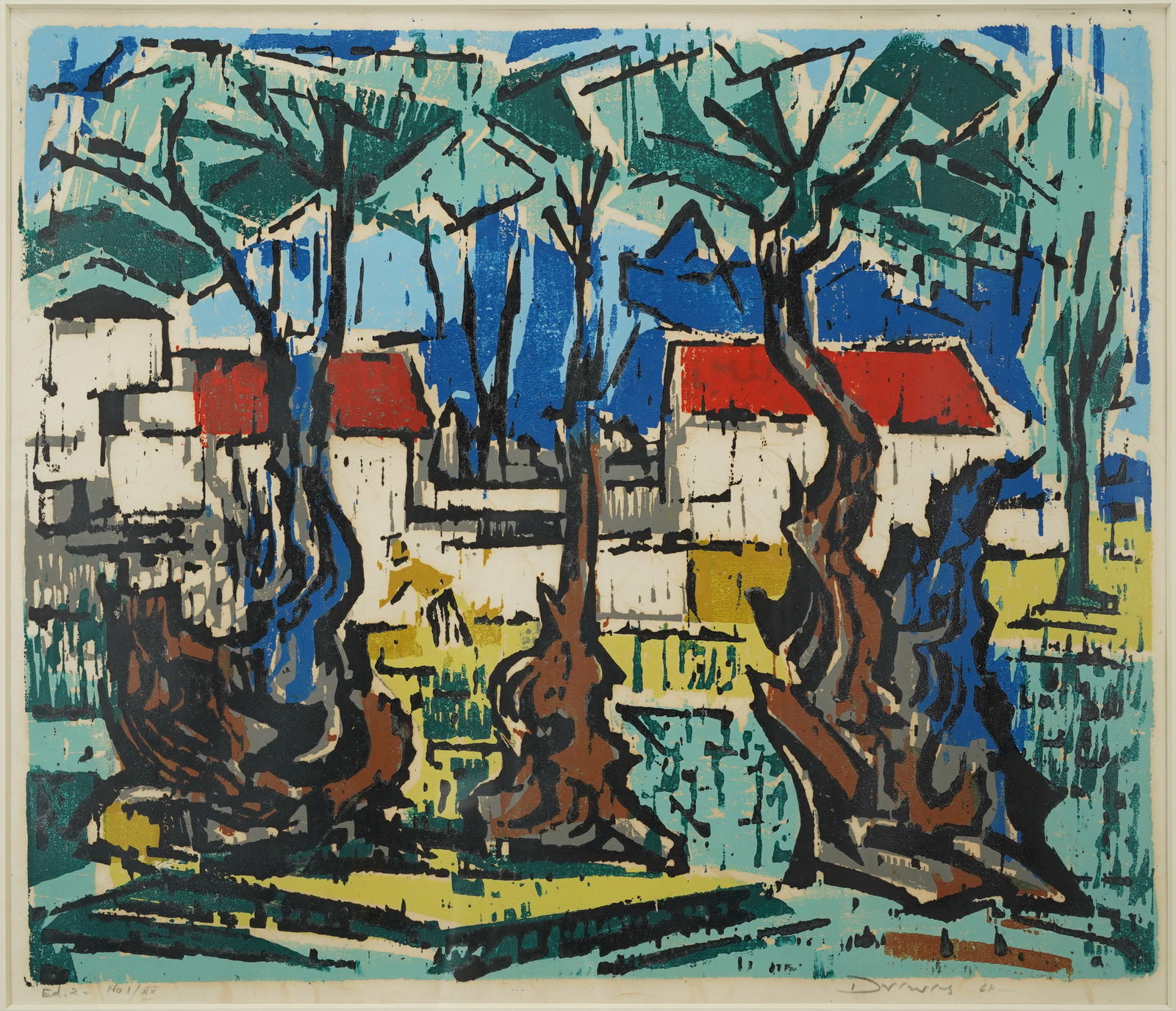 Drewes, Werner. OLIVE TREES, PERU Framed Color Woodcut MCM Print (1 of 4)