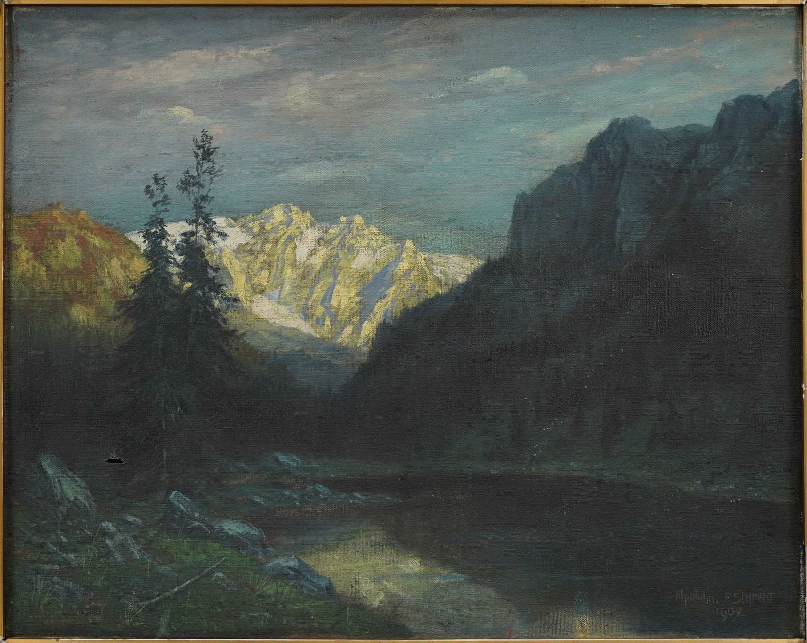 Schmidt, F. Antique German Oil on Canvas ALPENGLUHN Framed Painting (1 of 4)