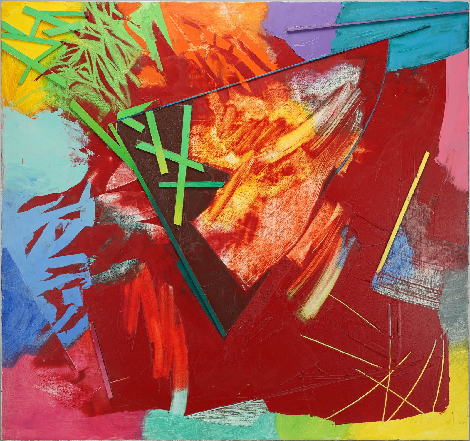 Colorful Abstract Post-Modern Mess Mixed Media on Canvas: Ca. second half 20thC. Good as shown with no defects other than age wear. Mixed media on stretched canvas, on masonite backing. Click here for additiona