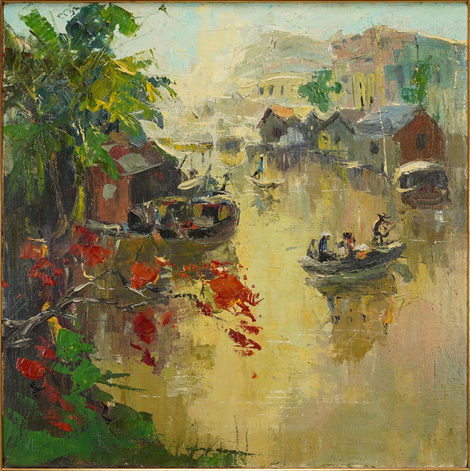 Asian Impressionist Oil Painting RIVER COMMUNITY VIETNAM Framed (1 of 4)