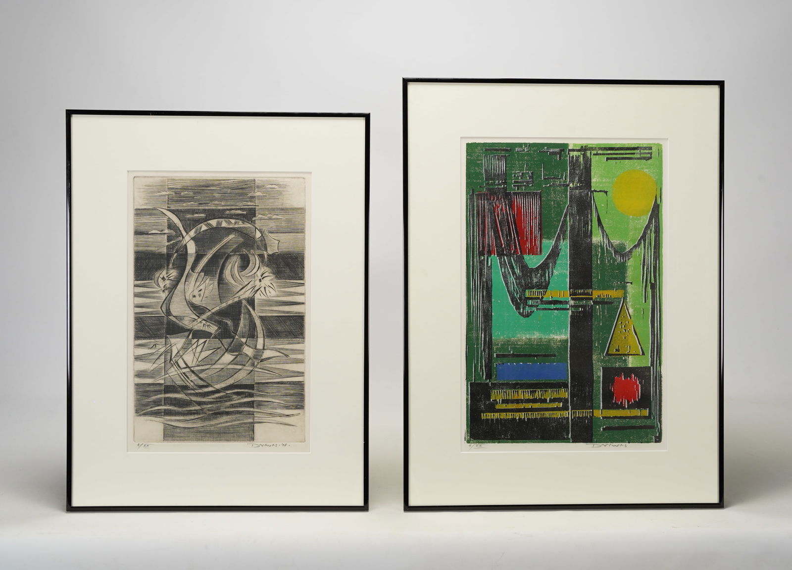 Pair Framed Artist Signed Monochromatic Abstract Etching and Color Silk Screen Print (1 of 6)