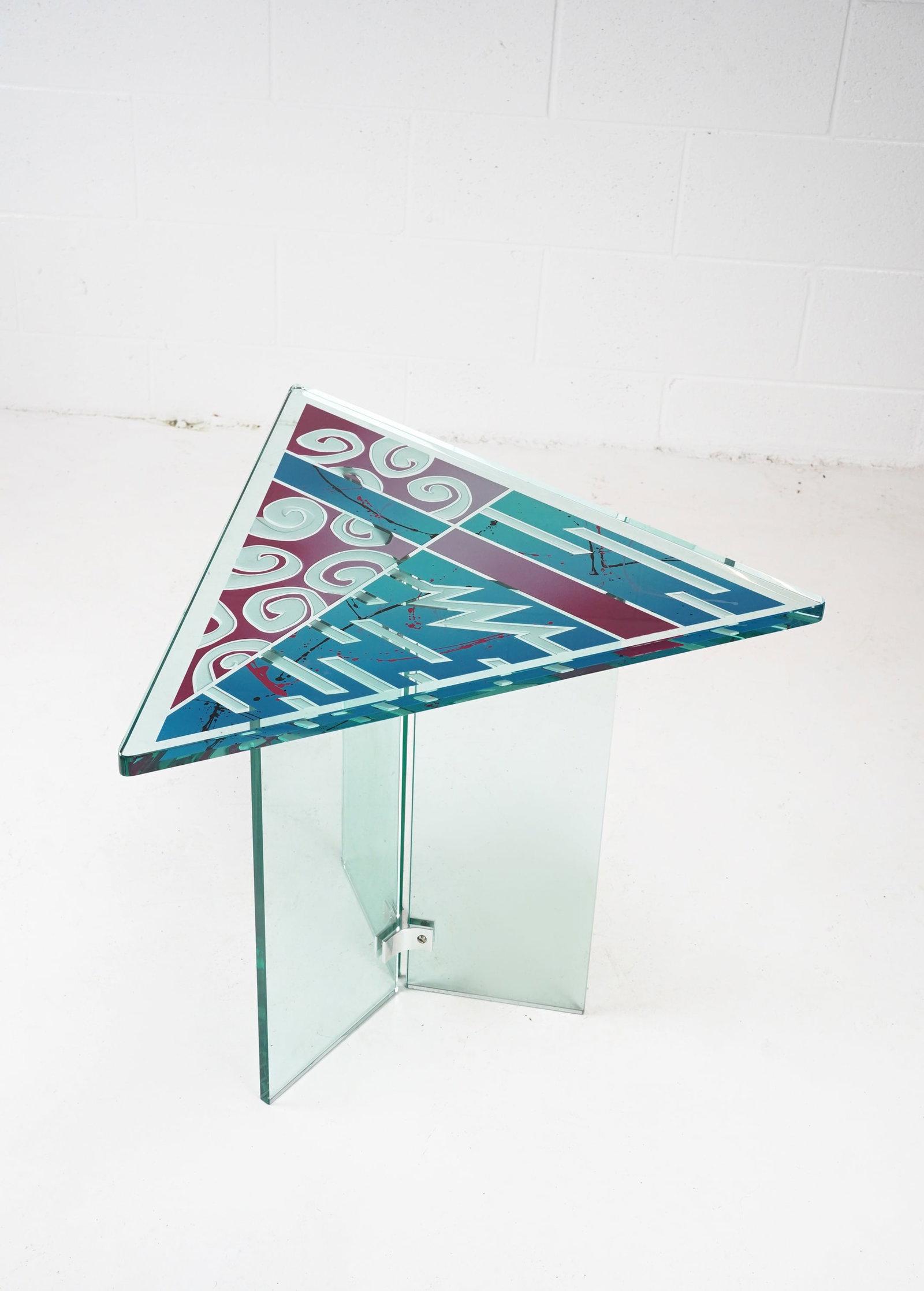 Artist Signed Colorful Art Glass Triangular Top Side Table 1992 (1 of 9)
