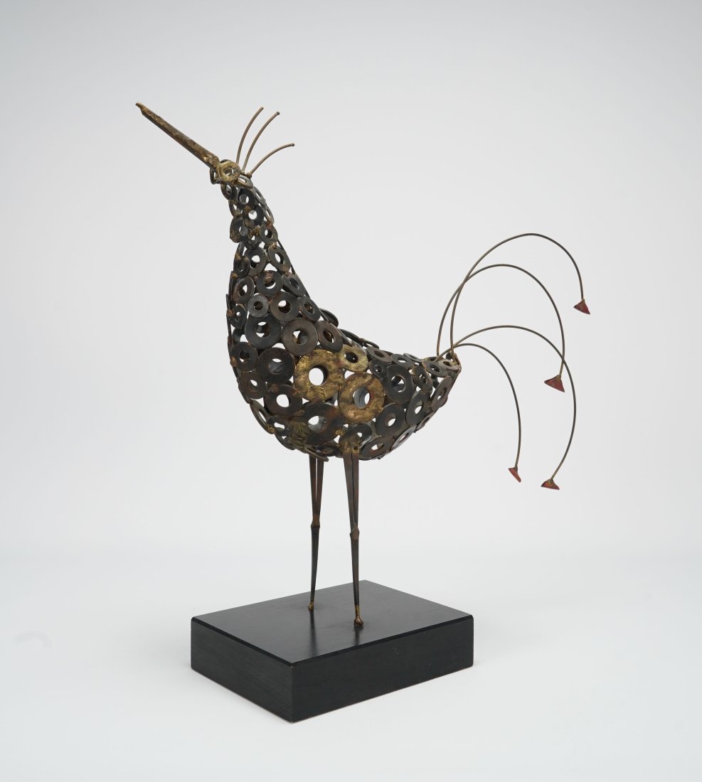 Curtis Jere Style Rooster Bird Steel Sculpture: Curtis Jere style rooster/bird steel and wire sculpture with applied patina. In very good condition as shown in photos. Apparently unsigned.