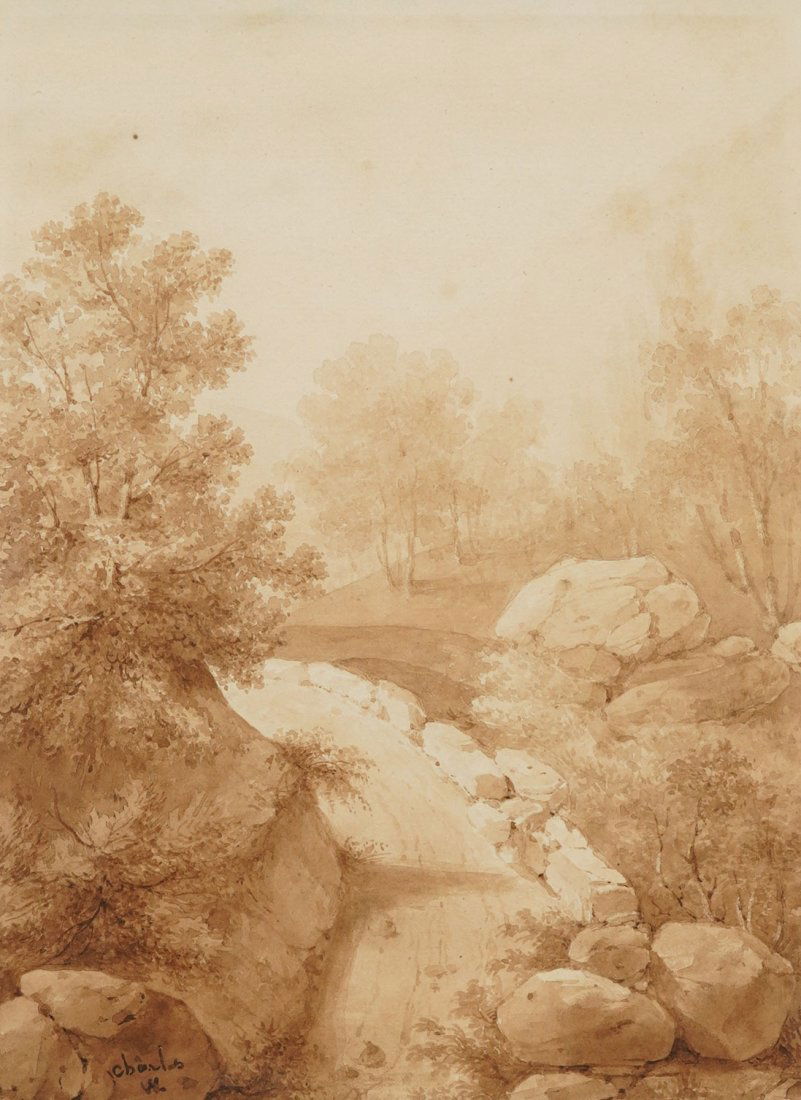 Antique Sepia Artist Signed Watercolor on Paper Framed 18thC Painting (1 of 4)