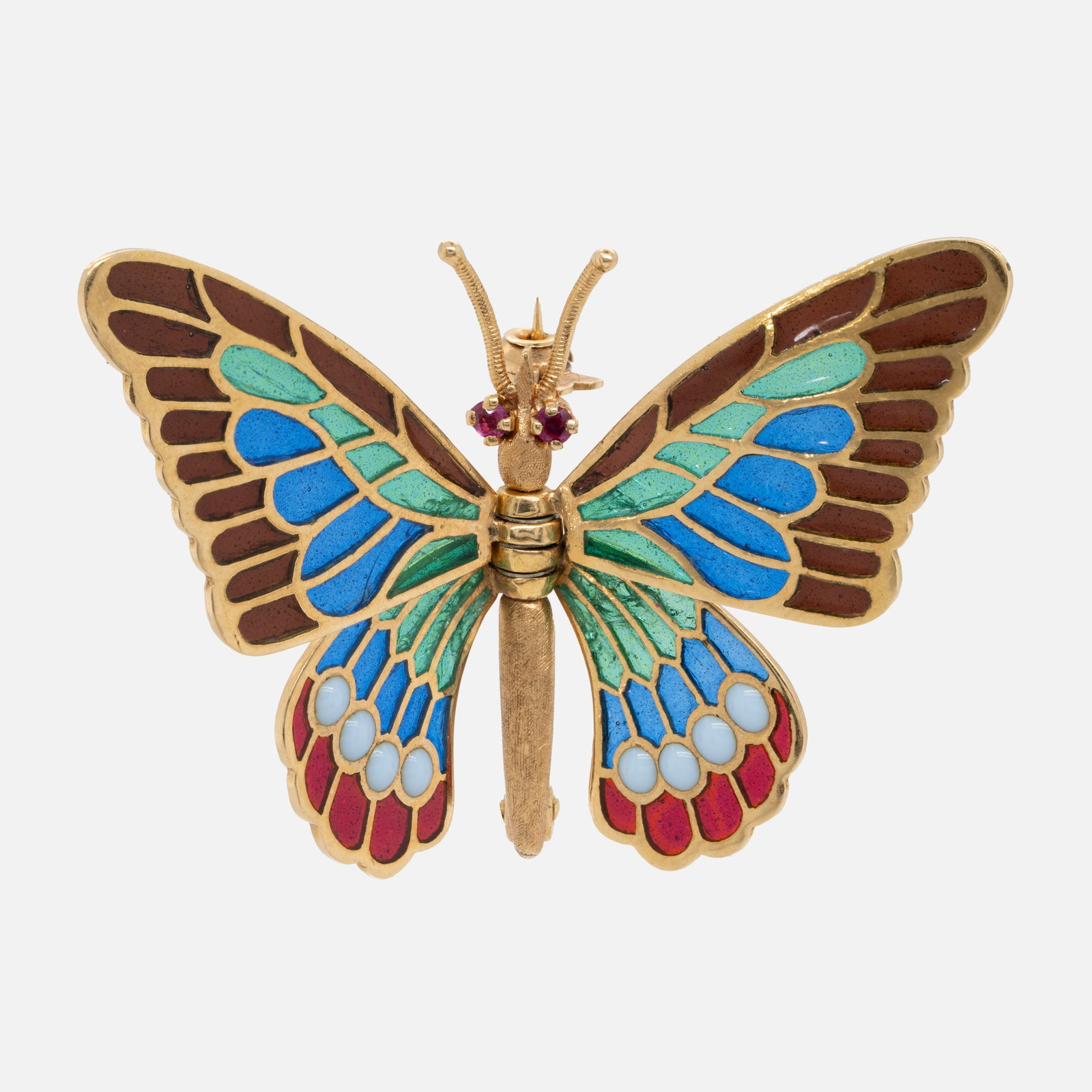 18K Yellow Gold Plique-a-Jour Butterfly Brooch w/Rubies and Movable Wings: Ca. 20thC. Good condition with enamel issues as shown on the wings near the body. Impossible to see, unless you use a magnifying glass against a bright light. Approx. open width: 1 3/4" x 1 1/4" tall.