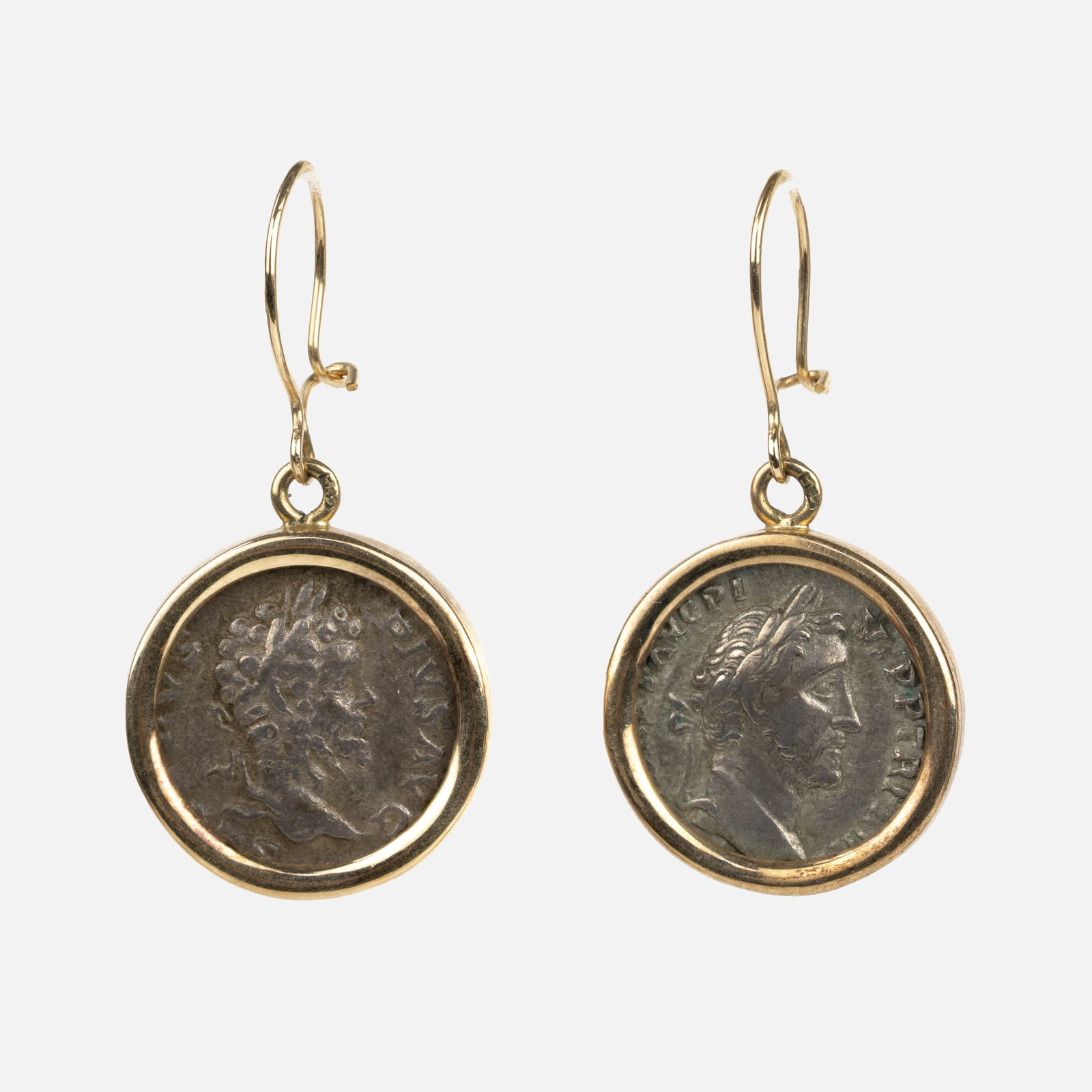 Ancient Roman Empire Silver Denarius Coins in 14K Yellow Gold Earring Mounts (1 of 2)