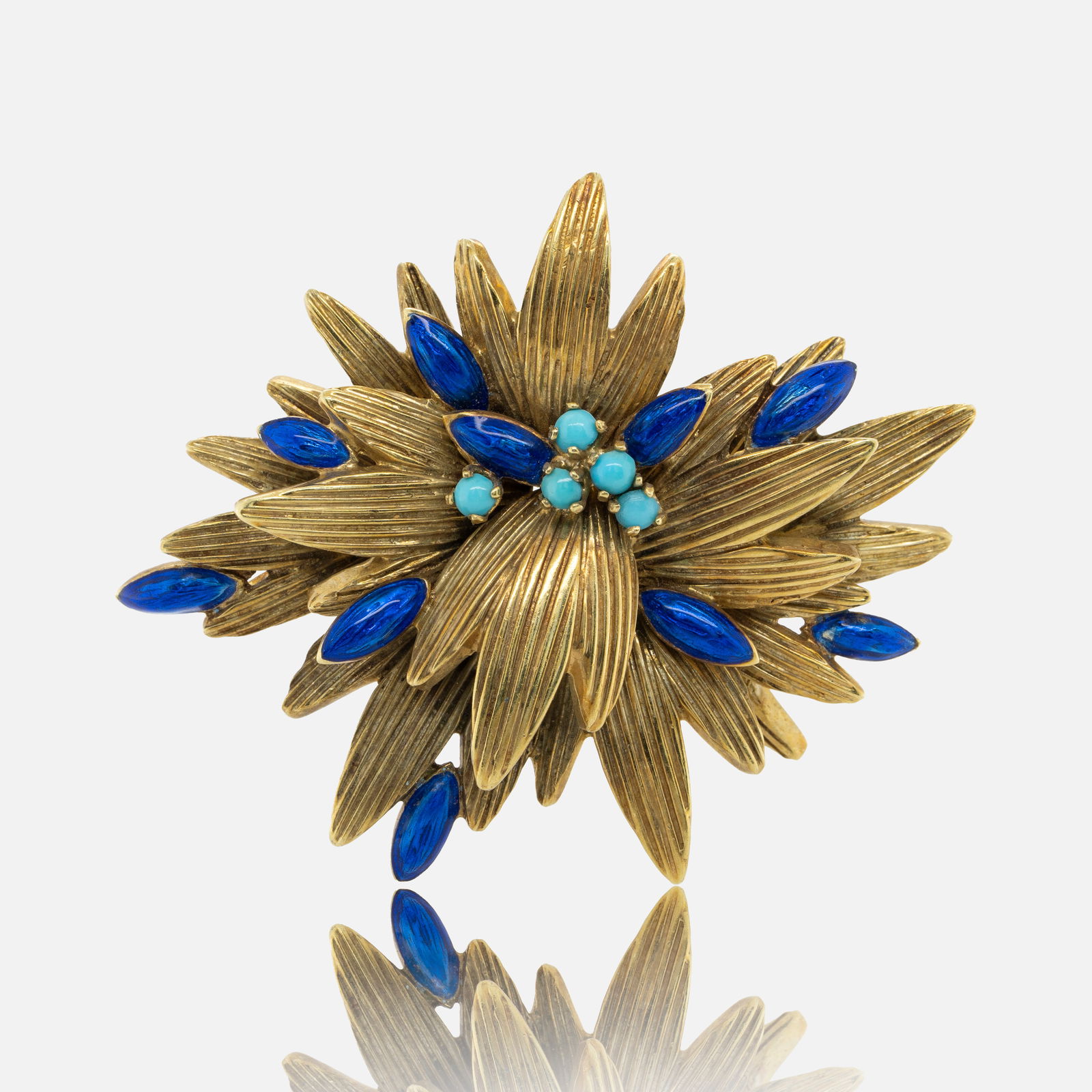 14K Yellow Gold and Blue Enamel Flower Form Pin Heavy Brooch (1 of 3)