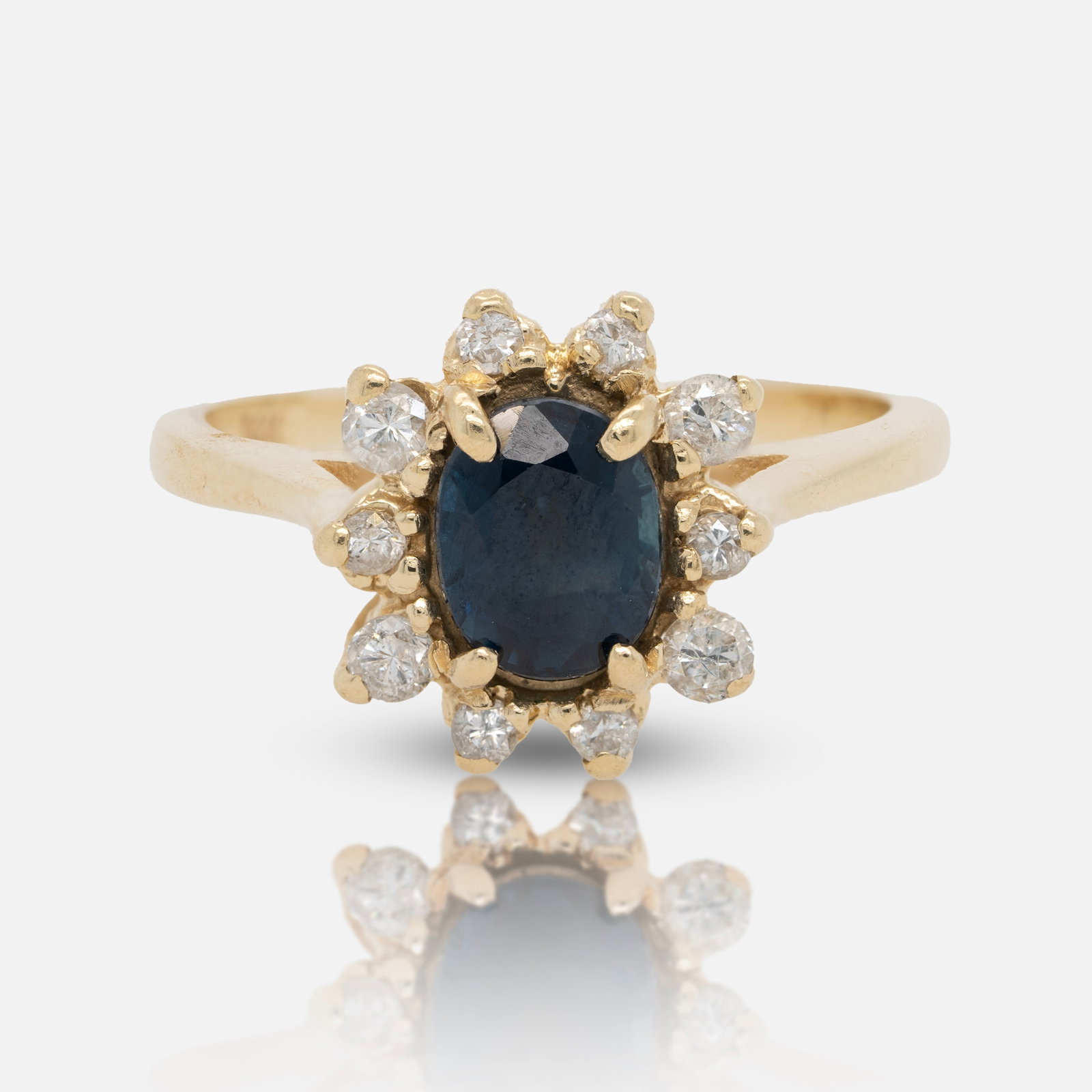 14K Yellow Gold Sapphire and Diamond Halo Ladies Cocktail Ring Sz 4: Excellent condition with no breaks or repairs. Notice the small finger size. The sapphire measures approx. 6mm x 5mm. Each of the ten round cut diamonds measure approx. 2mm. The approx. weight 2.8