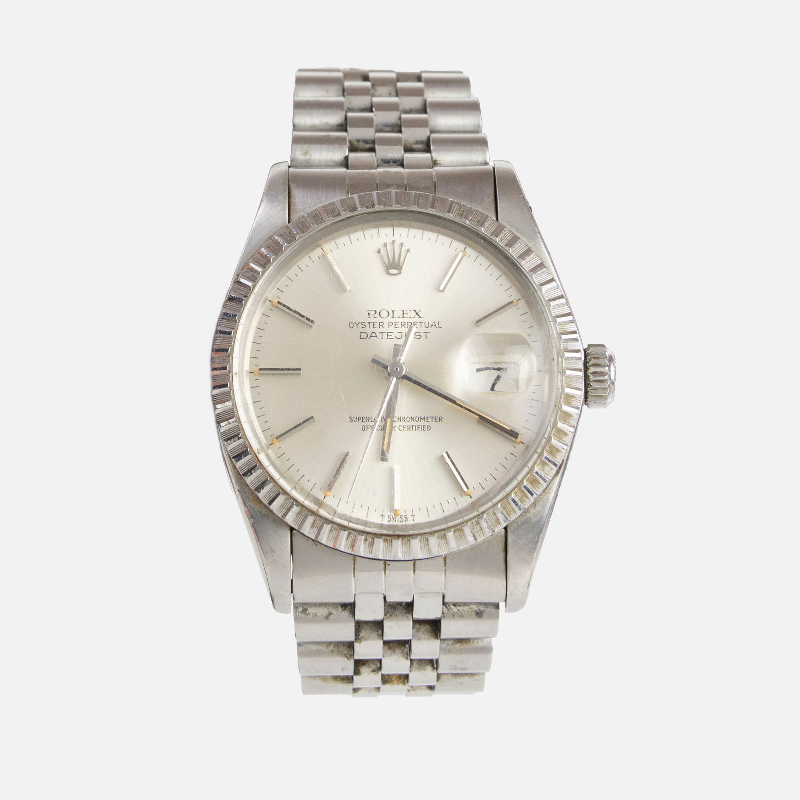 Rolex Oyster Perpetual Stainless Steel Mens Wristwatch: Very good moderate used condition with no major breaks or repairs. Case shows wear, along with light scratches on the crystal. The case has not been opened or examined.