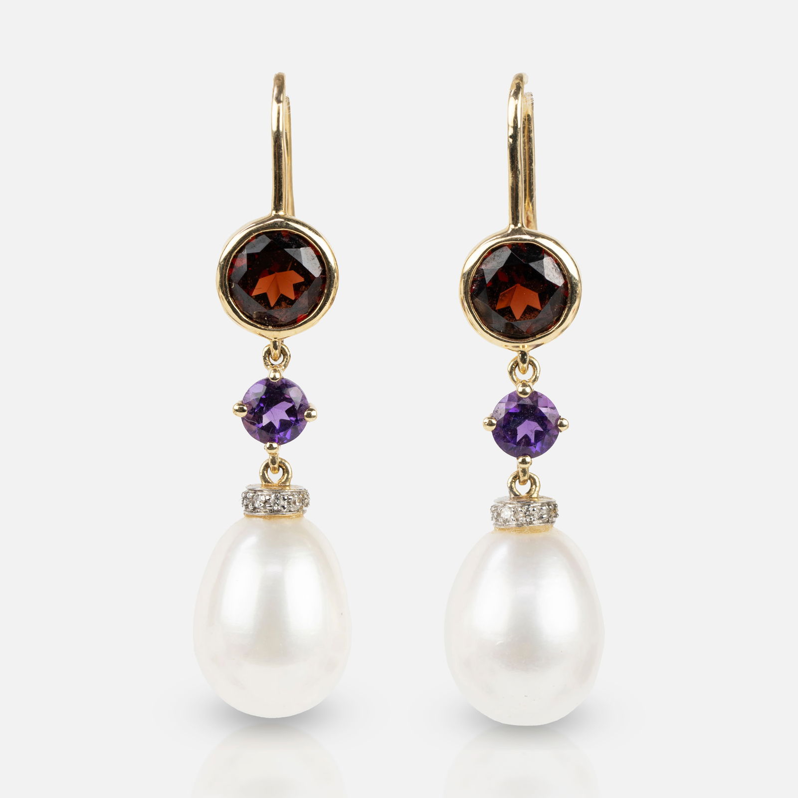 14K Yellow Gold Teardrop Pearl, Amethyst, Garnet and Diamond Dangle Earrings (1 of 4)