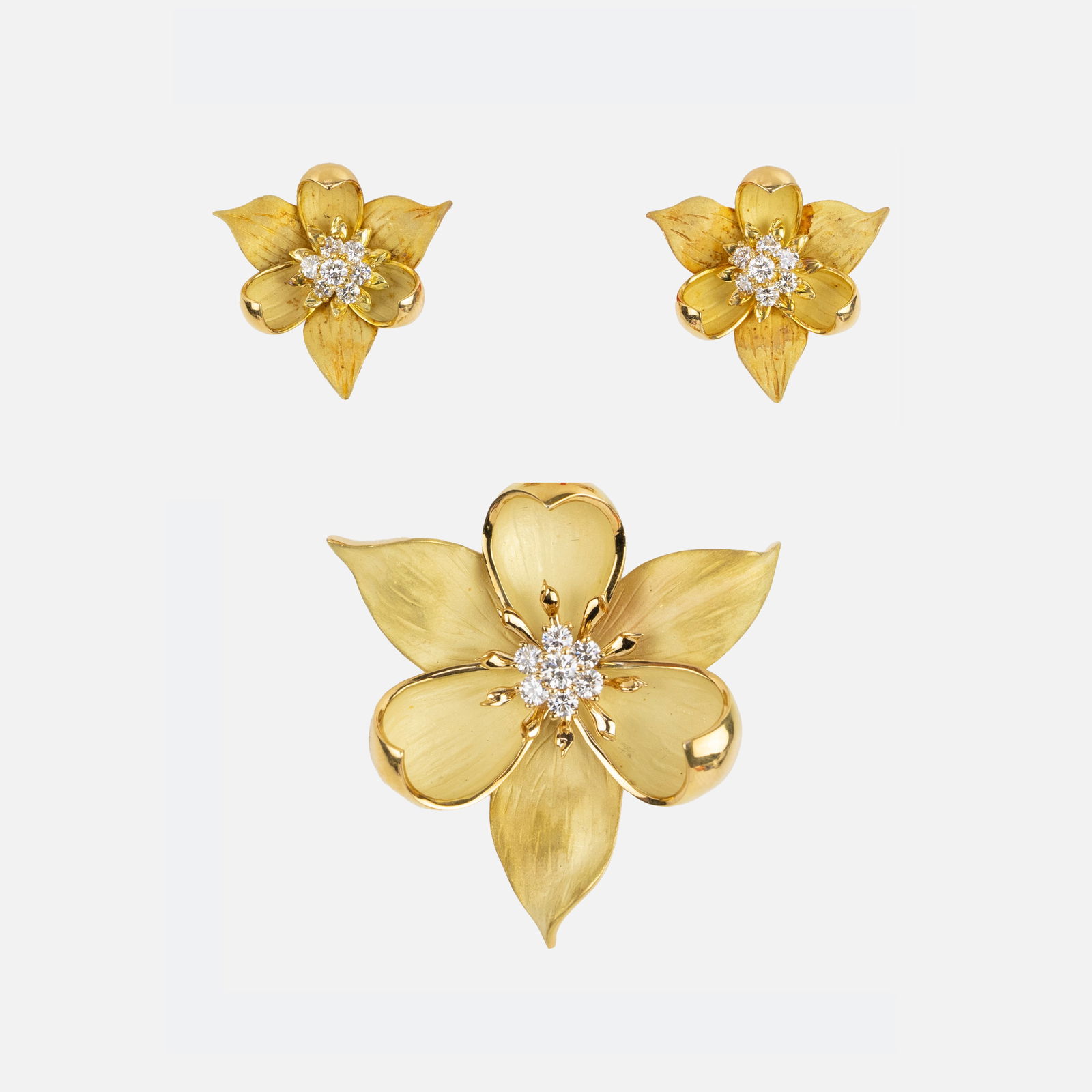 Tiffany 18K Yellow Gold and Diamond Flower Petal Brooch and Earrings Set (1 of 6)