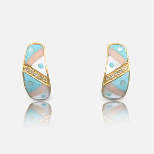 Asch Grossbardt 14K Yellow Gold, Turquoise, Coral, MOP and Diamond Gemstone Inlay Earrings: Excellent original condition, with combined weight approx. 9.1 grams, having five 1.5 mm diamonds on each earring, along with well designed turquoise, angel skin coral, and mother of pearl channel set