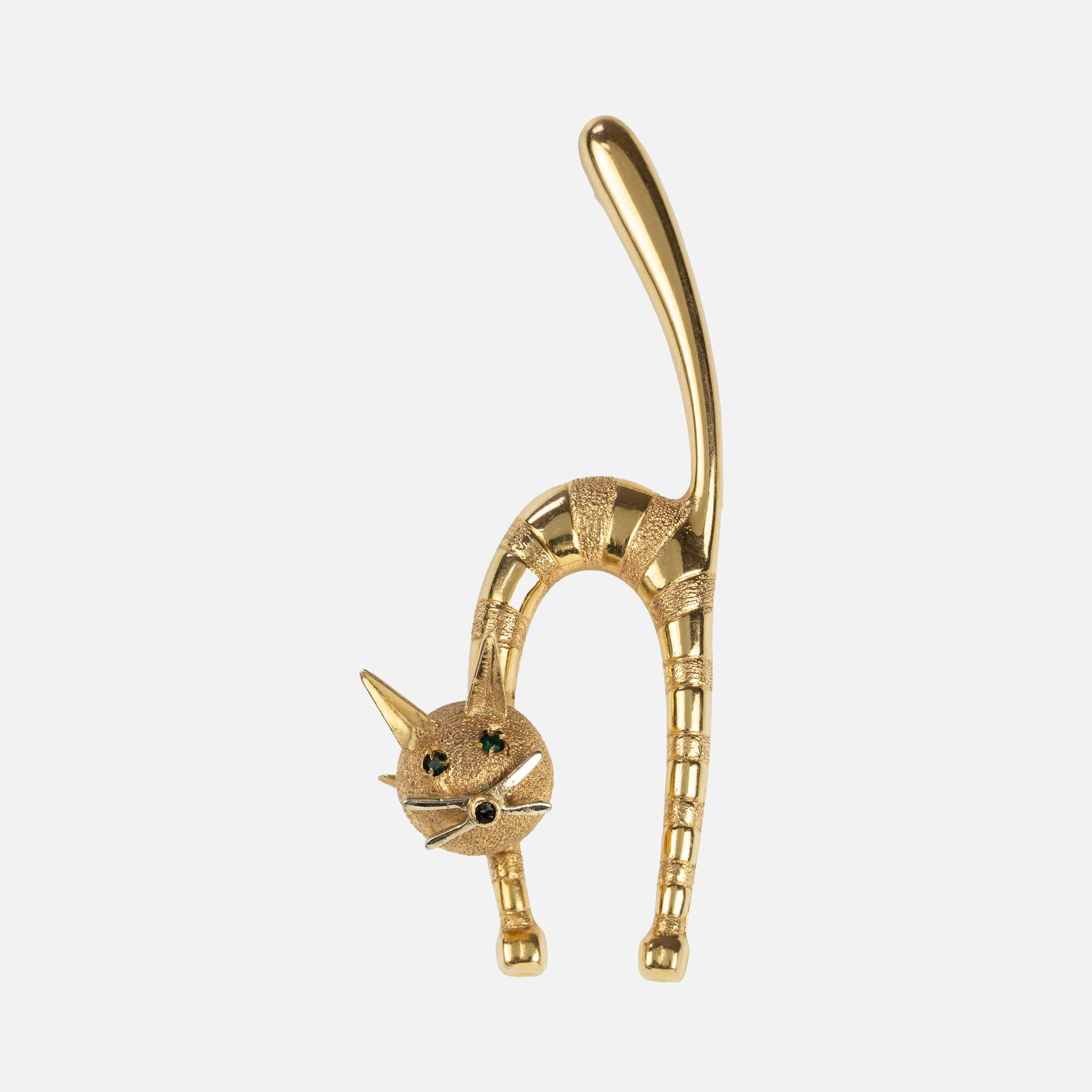 18K Yellow Gold Feline Brooch Cat Pin with Emerald Gemstone Eyes (1 of 3)