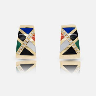 Asch Grossbardt 14K Yellow Gold Diamond Earrings w/Semi-Precious Stone Inlay: Excellent original condition, with the combined weight approx. 21.7 grams. Each earring features nine 1.5 mm full cut diamonds, along with well designed channel set semi-precious inlays. Both marked