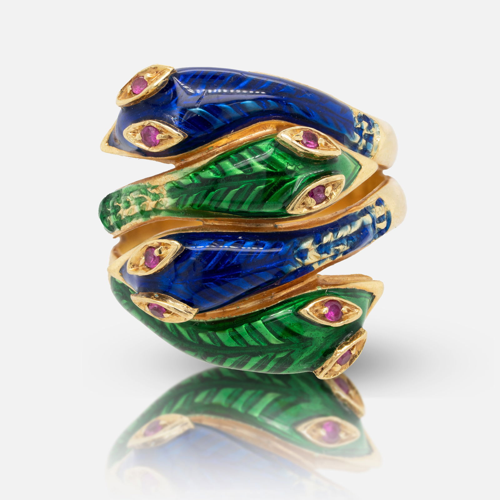 18K Yellow Gold, Green and Blue Enamel Italian Snake Ring w/Ruby Eyes Sz 7 (1 of 5)