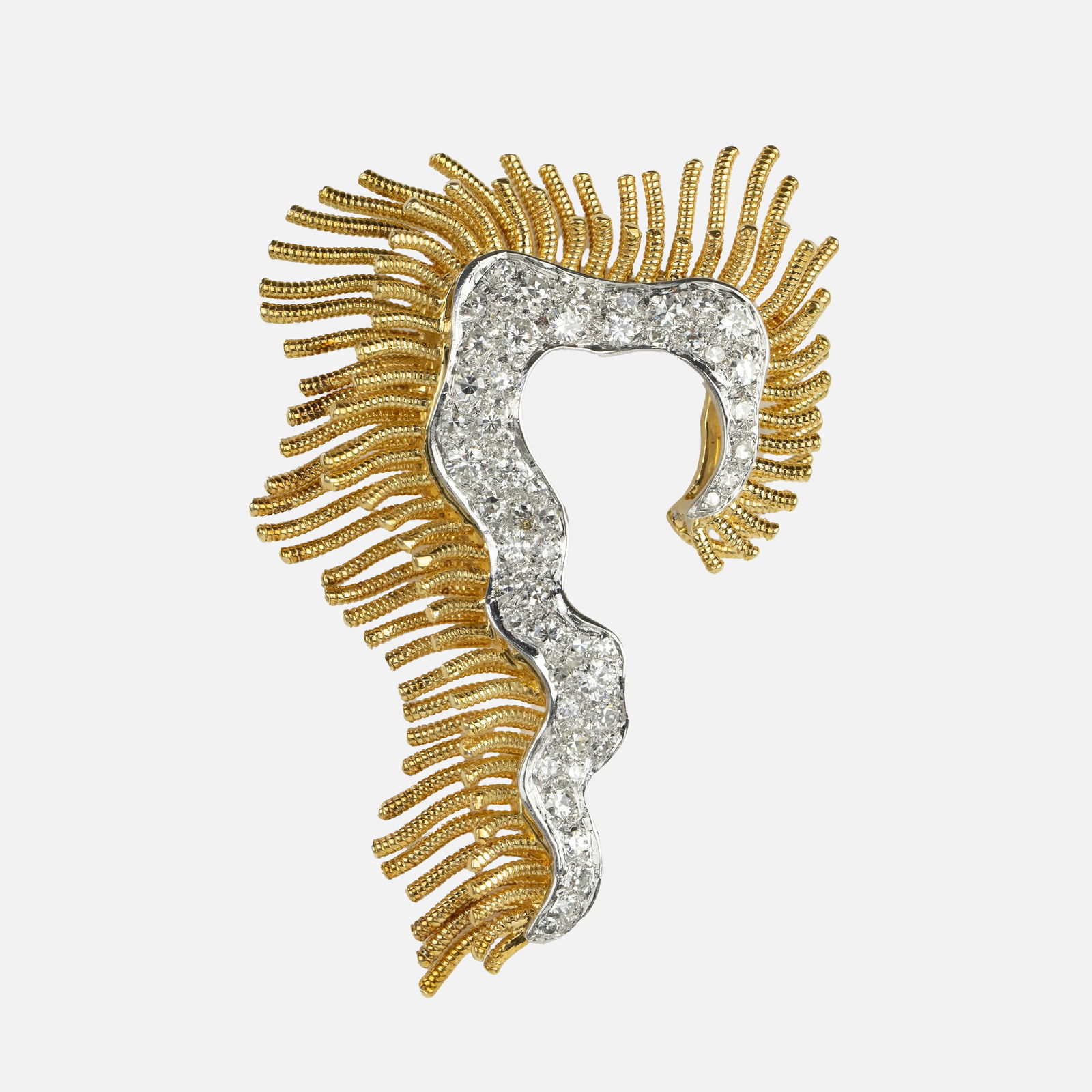 18K White and Yellow Gold Sculptural Modernist Diamond Brooch (1 of 1)