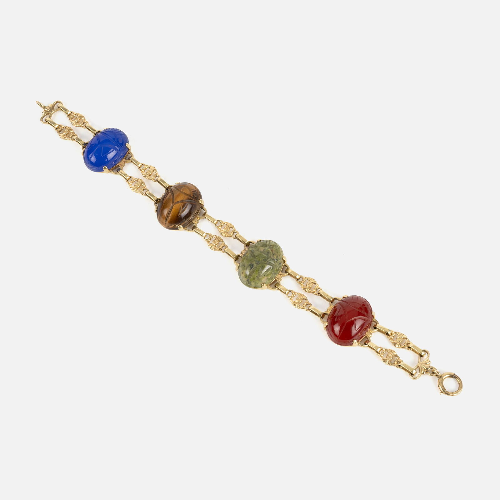 14K Yellow Gold and Carved Scarab Semi-Precious Gemstone Link 8" Bracelet (1 of 3)