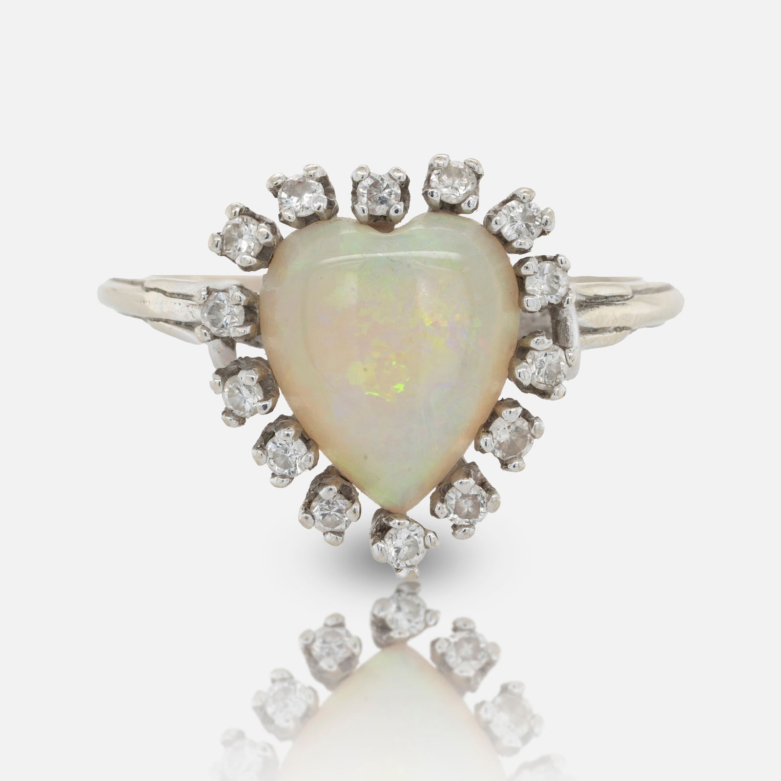 14K White Gold, Opal and Diamond Heart Halo Cocktail Ring Sz 12.25 (1 of 4)