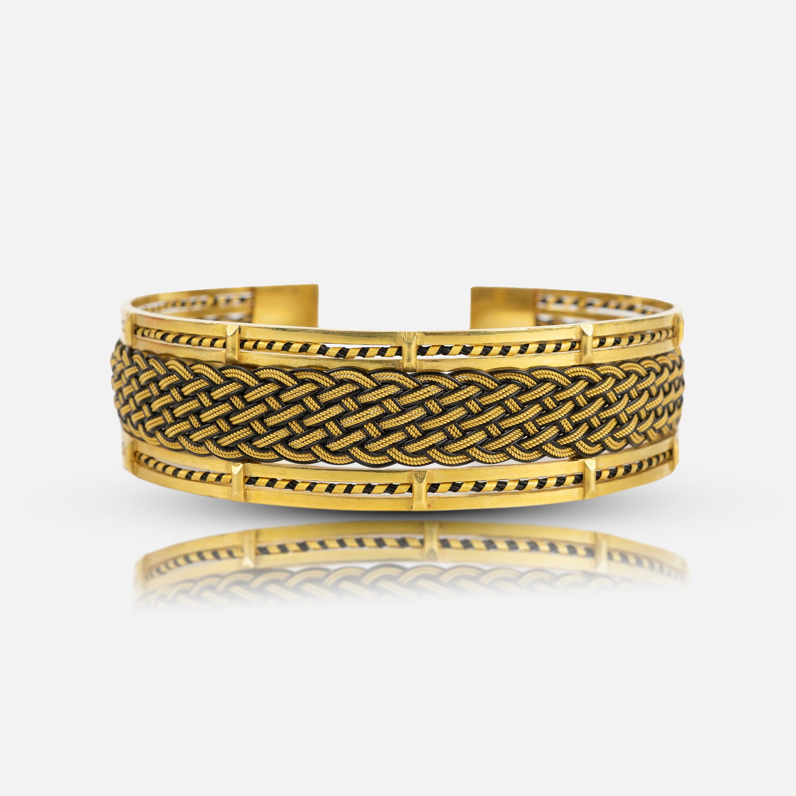 18K Yellow Gold Tribal Style Open Bracelet Cuff w/Wove Elephant Hair (1 of 3)