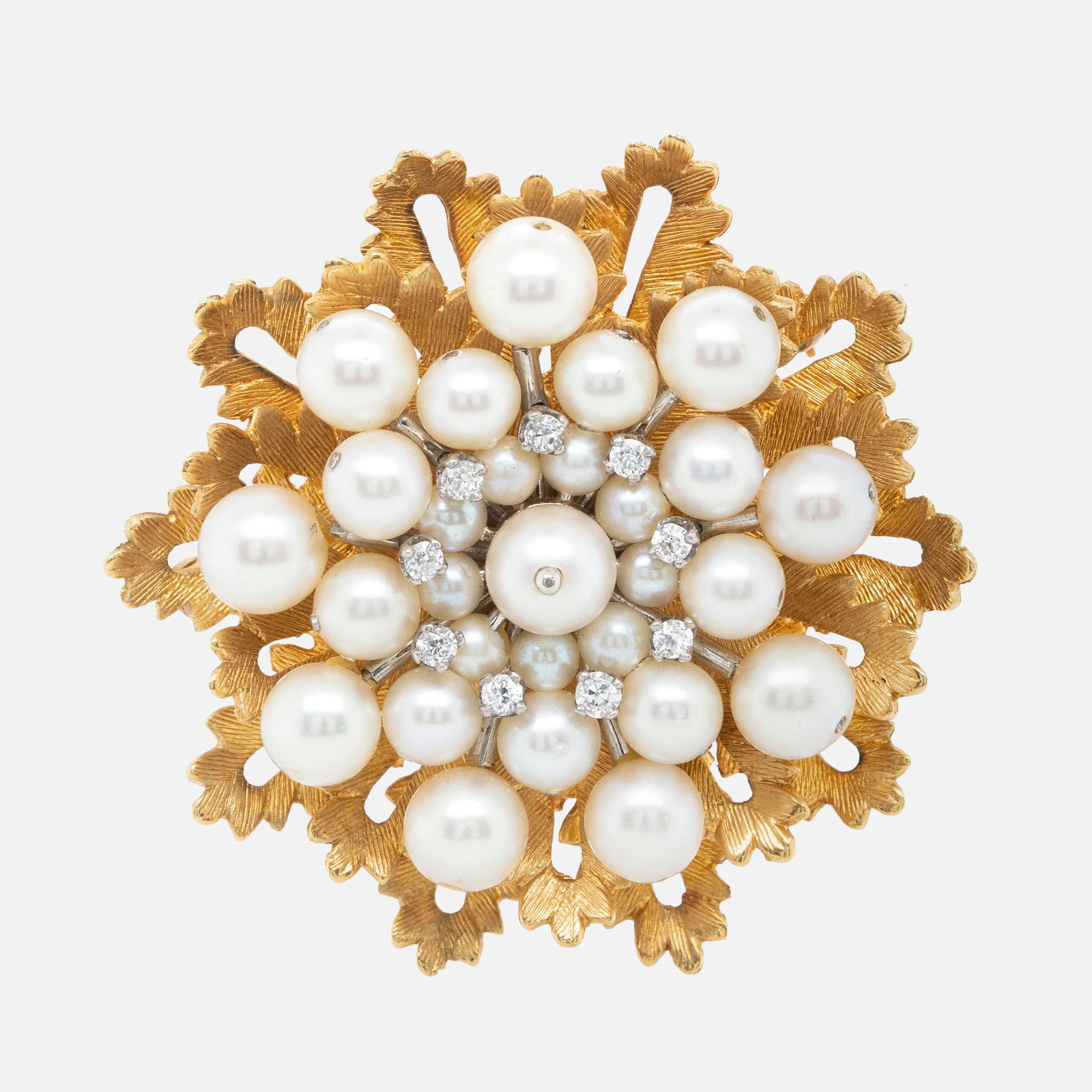 18K Gold Pearl and Diamond Flower Form Brooch Pin (1 of 1)