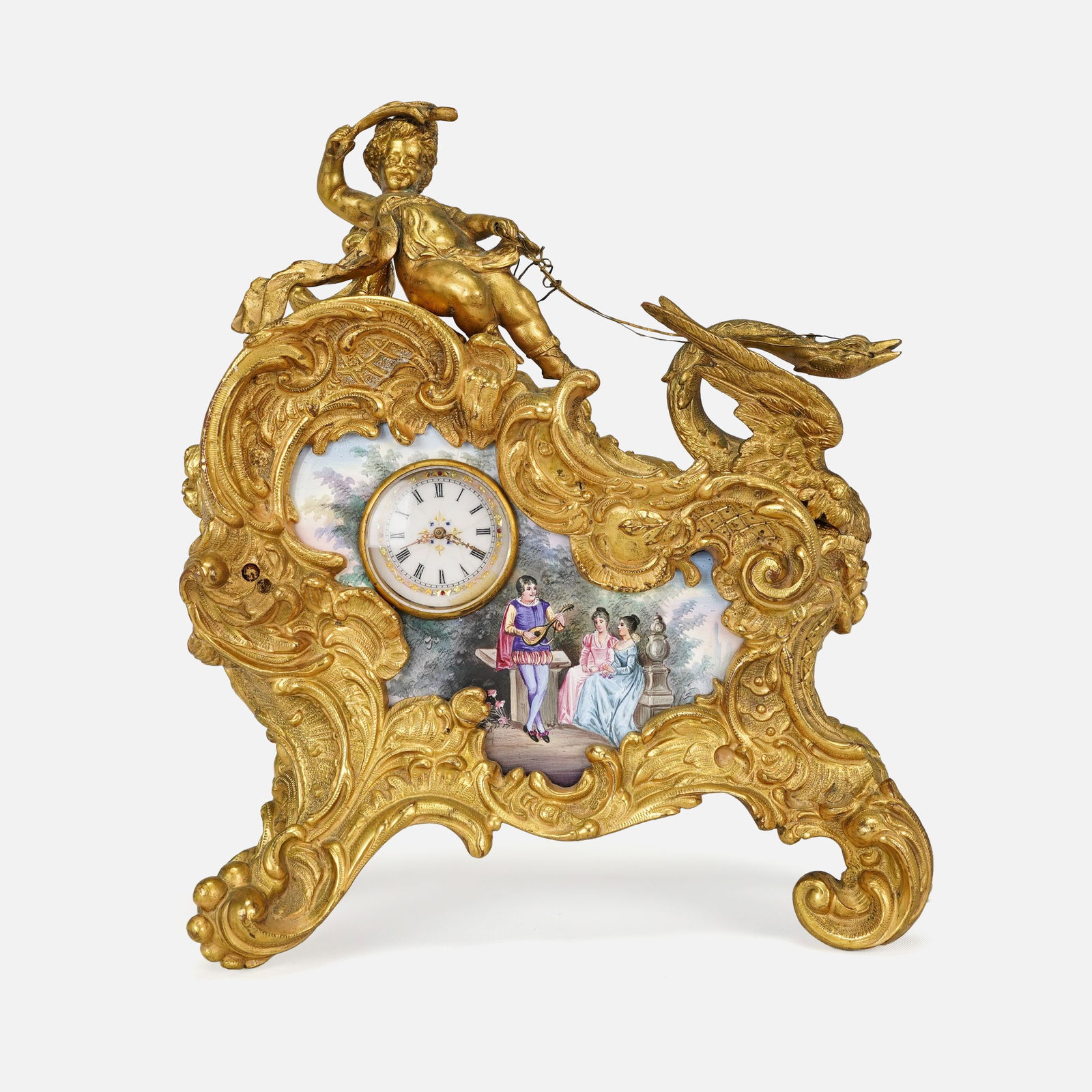 Small French Gilt Bronze Mantle Clock w/Pastoral Enamel on Copper Landscape Painting (1 of 7)