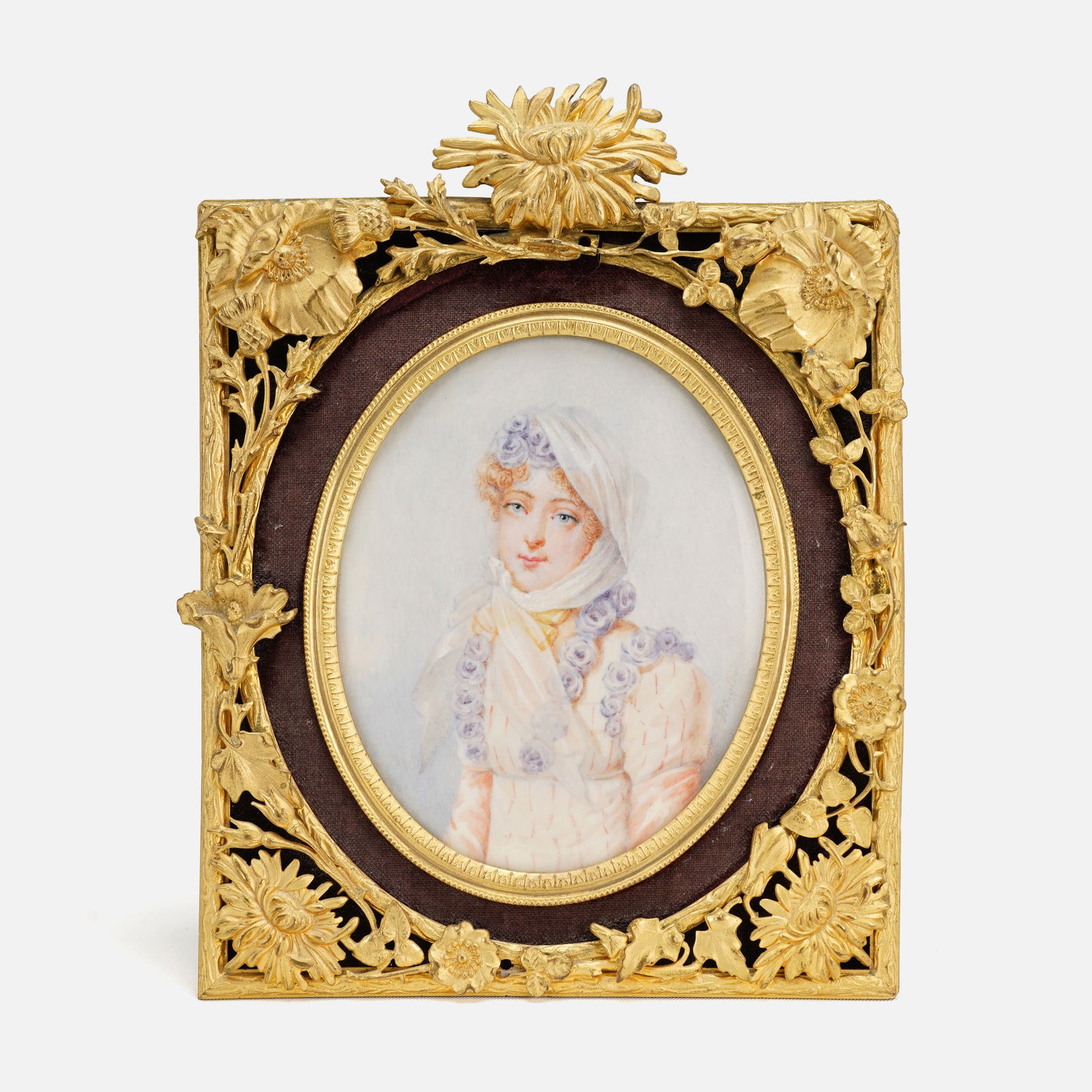 Antique Artist Signed Miniature Watercolor Portrait Painting in Fine Gilt Bronze Frame (1 of 4)