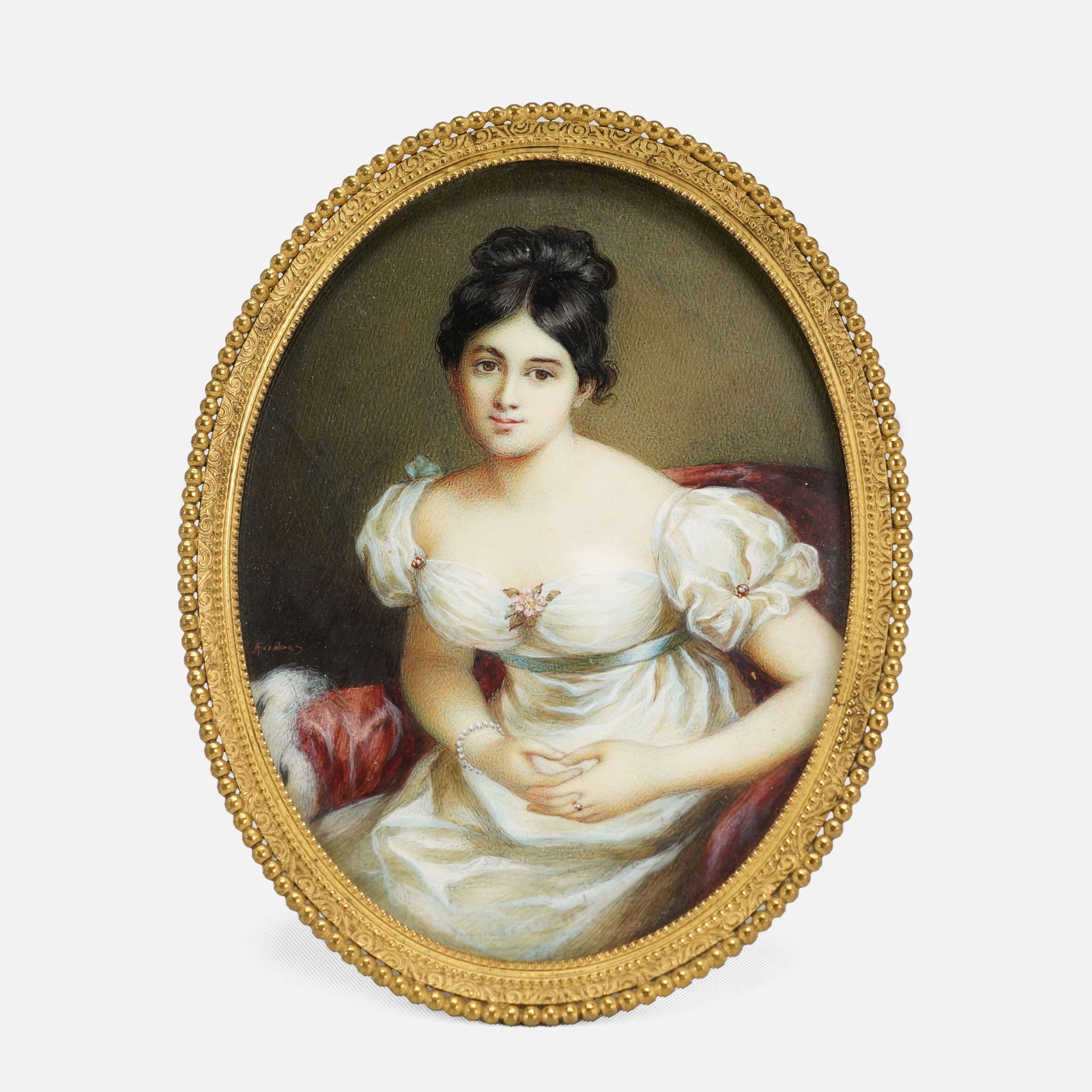 Antique Artist Signed Miniature Watercolor Portrait Painting of a Beautiful Young Woman (1 of 6)