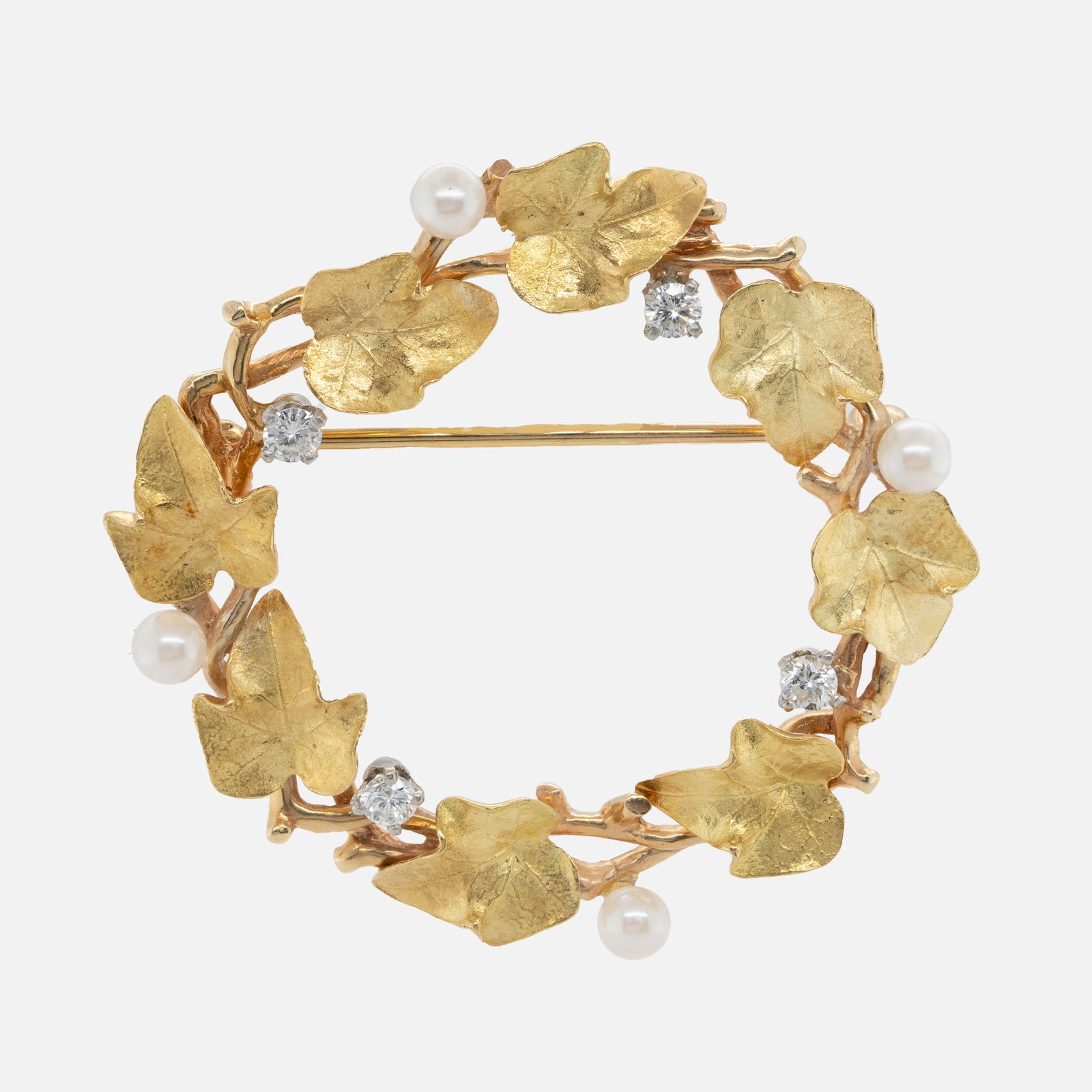 Raymond Yard 14K Gold Wreath Brooch With Diamonds and Pearls (1 of 4)