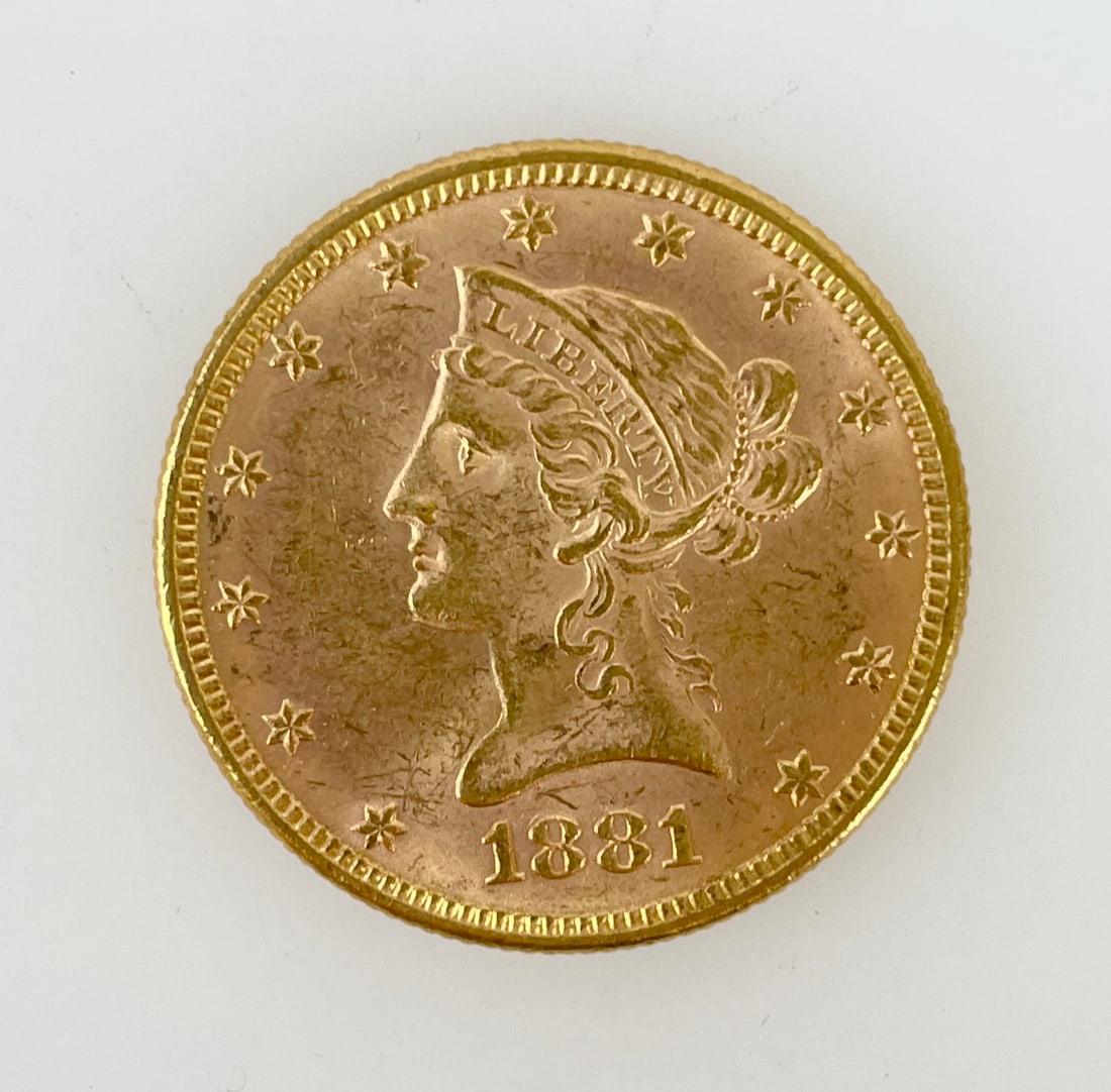 US 1881 Liberty Head Gold $10 16.718g .900 Gold: Struck in 16.718g of .900 gold for an AGW of 15.0462g. All shipping will be through USPS Registered Mail, we do not combine shipping.