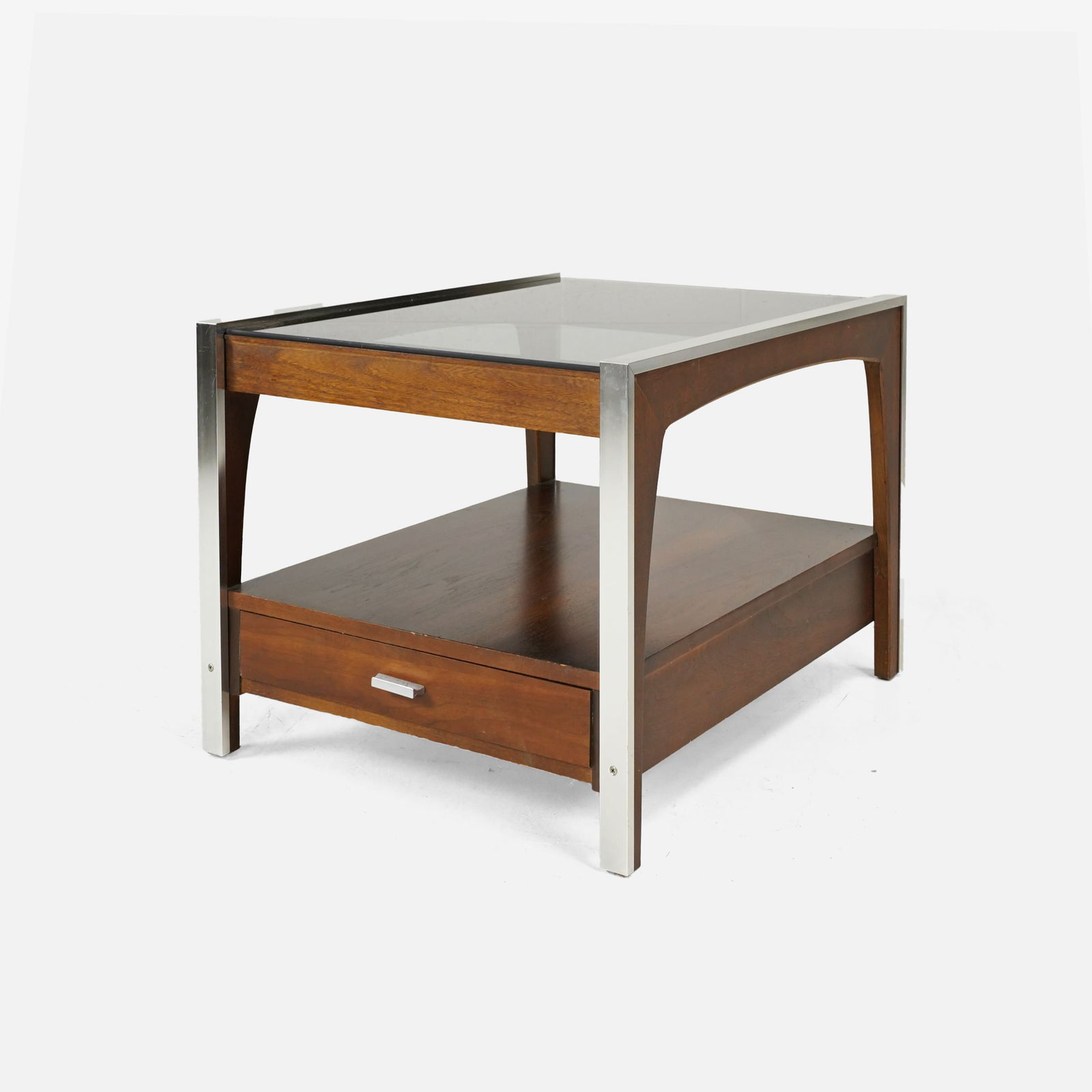 Mid Century Modern Walnut Chrome & Smoked Glass Side End Table (1 of 9)