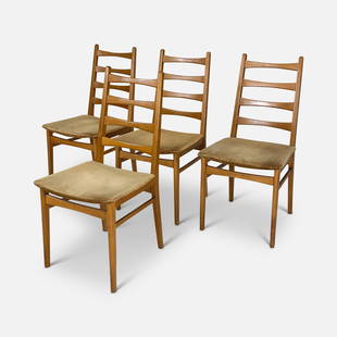 Four Niels Koefoed Style German Modern Teak Ladder Back MCM Dining Chairs: Ca. 1960s. Four German Modern teak dining chairs in the style of Niels Koefoed. Approx. seat H: 17".