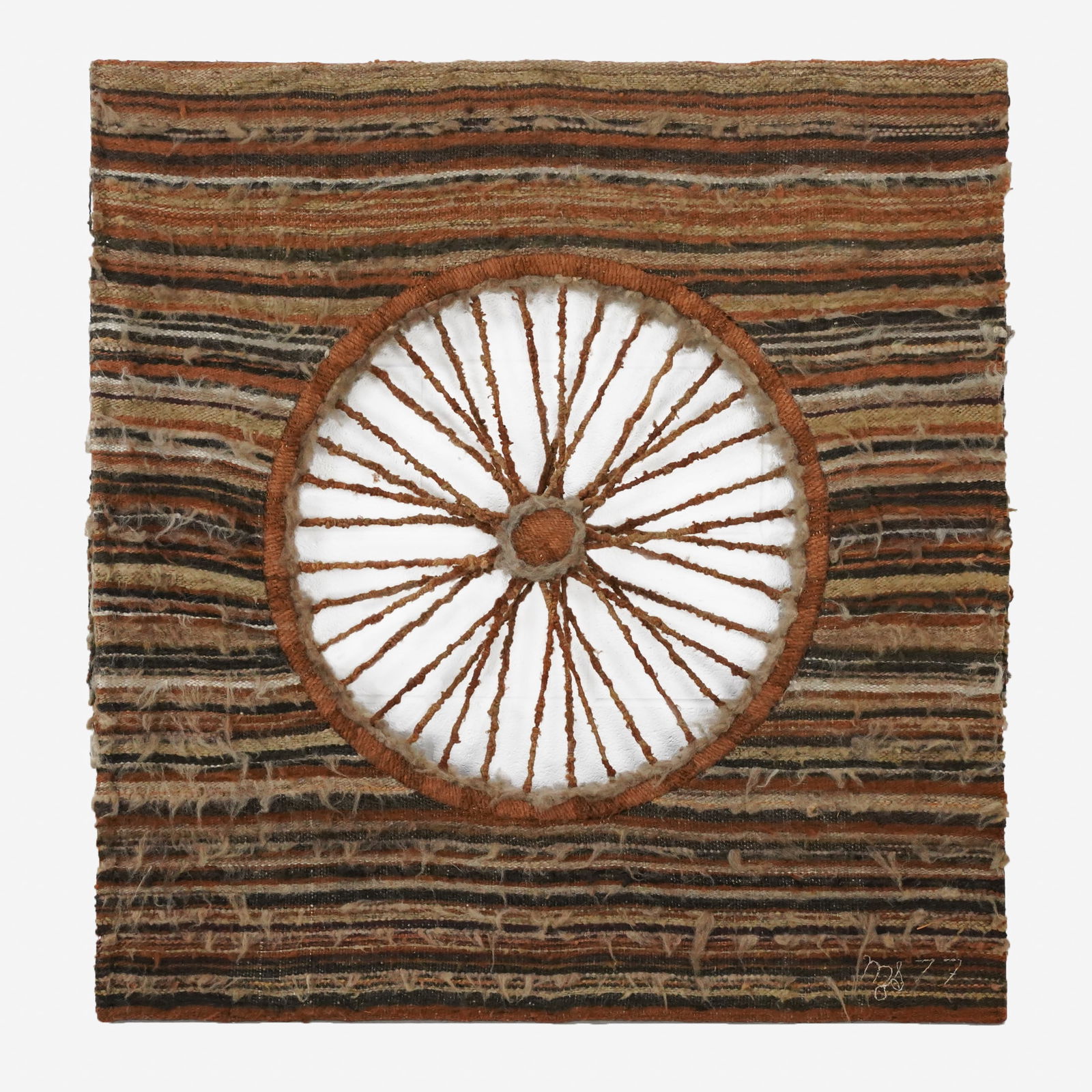 Artist Signed 1977 "Spinning Wheel" MCM Fiber Art Wall Hanging Textile Tapestry (1 of 5)