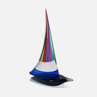 Elio Raffaeli Murano Art Glass Sailboat Sculpture: This sculpture is one of the largest 24" edition of sailboats of the series by Italian artist Elio Raffaeli (b. 1936). Signed on bottom.