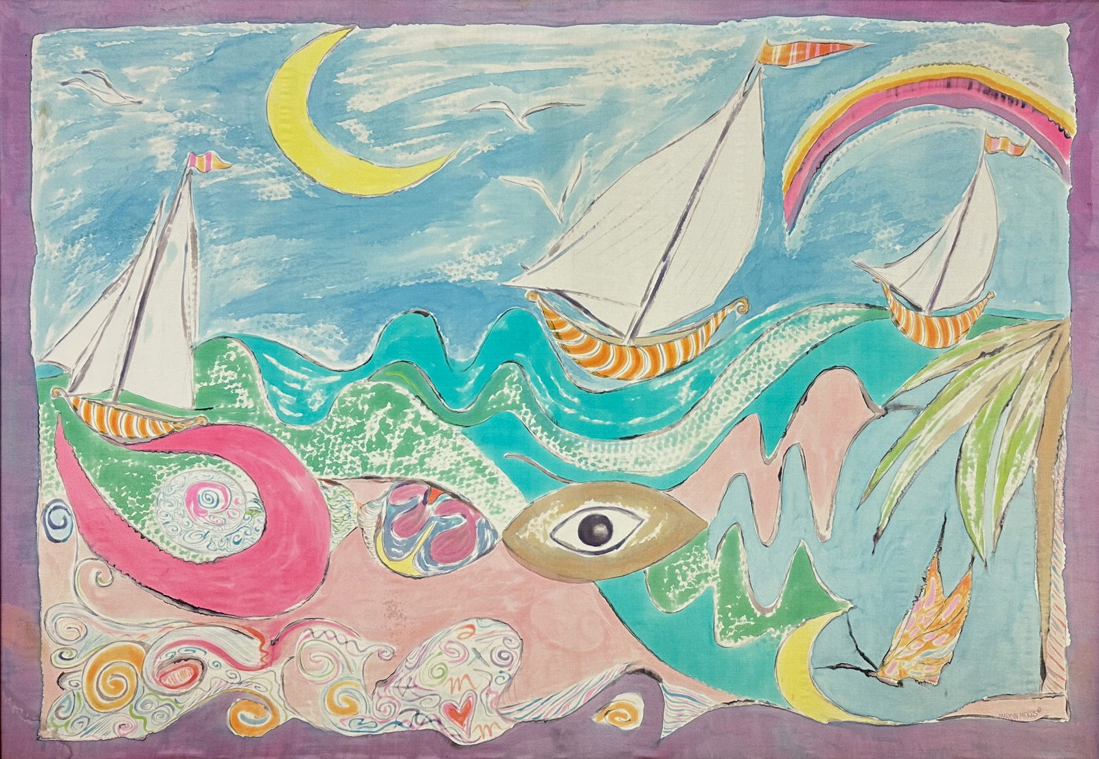 Marilyn Morris Surrealist Sailboats Silk Framed Painting #4 (1 of 6)