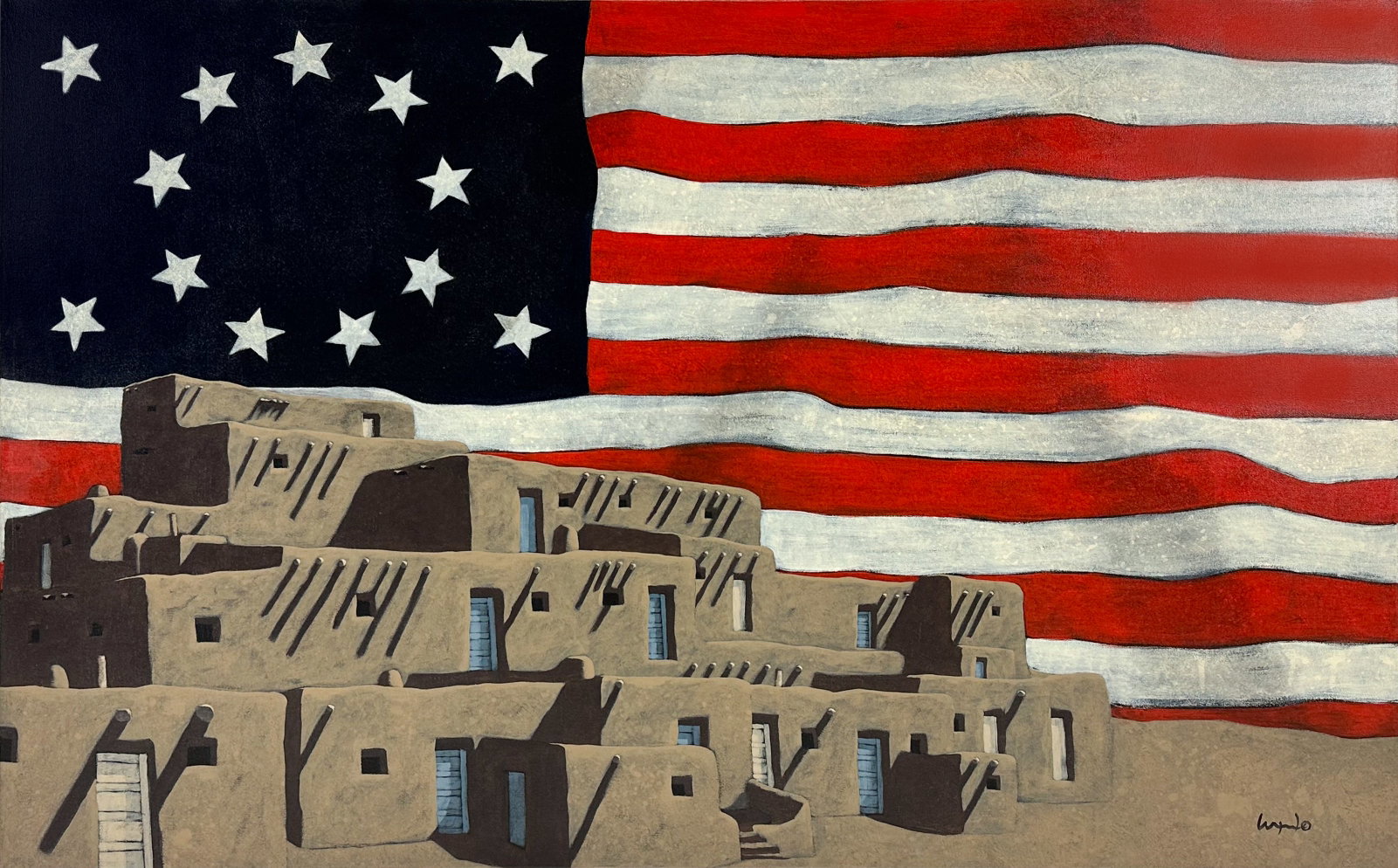 Mary Wyant "The American Spirit" 1988 Acrylic on Canvas Painting: "The American Spirit" acrylic on stretched canvas painting depicting pueblos in front of a 13 star American flag by Mary Wyant (b. 1939).