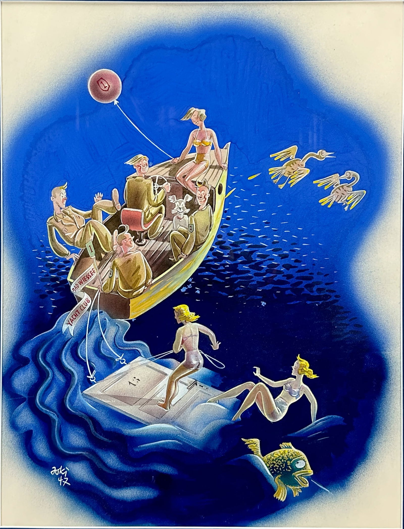 Original 1947 German "Bad Wiessee Yacht Club" Gouache on Paper Framed Painting (1 of 7)