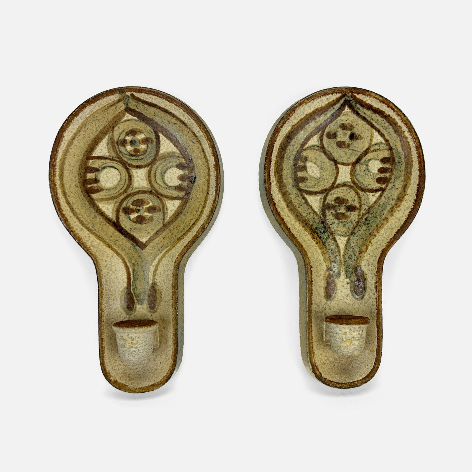 Pair Noomi Backhausen for Soholm Denmark Stoneware Art Pottery Wall Sconces: Ca. 1960's. Pair of Mid-Century Modern stoneware art pottery wall sconces designed by Noomi Backhausen for Soholm Denmark.