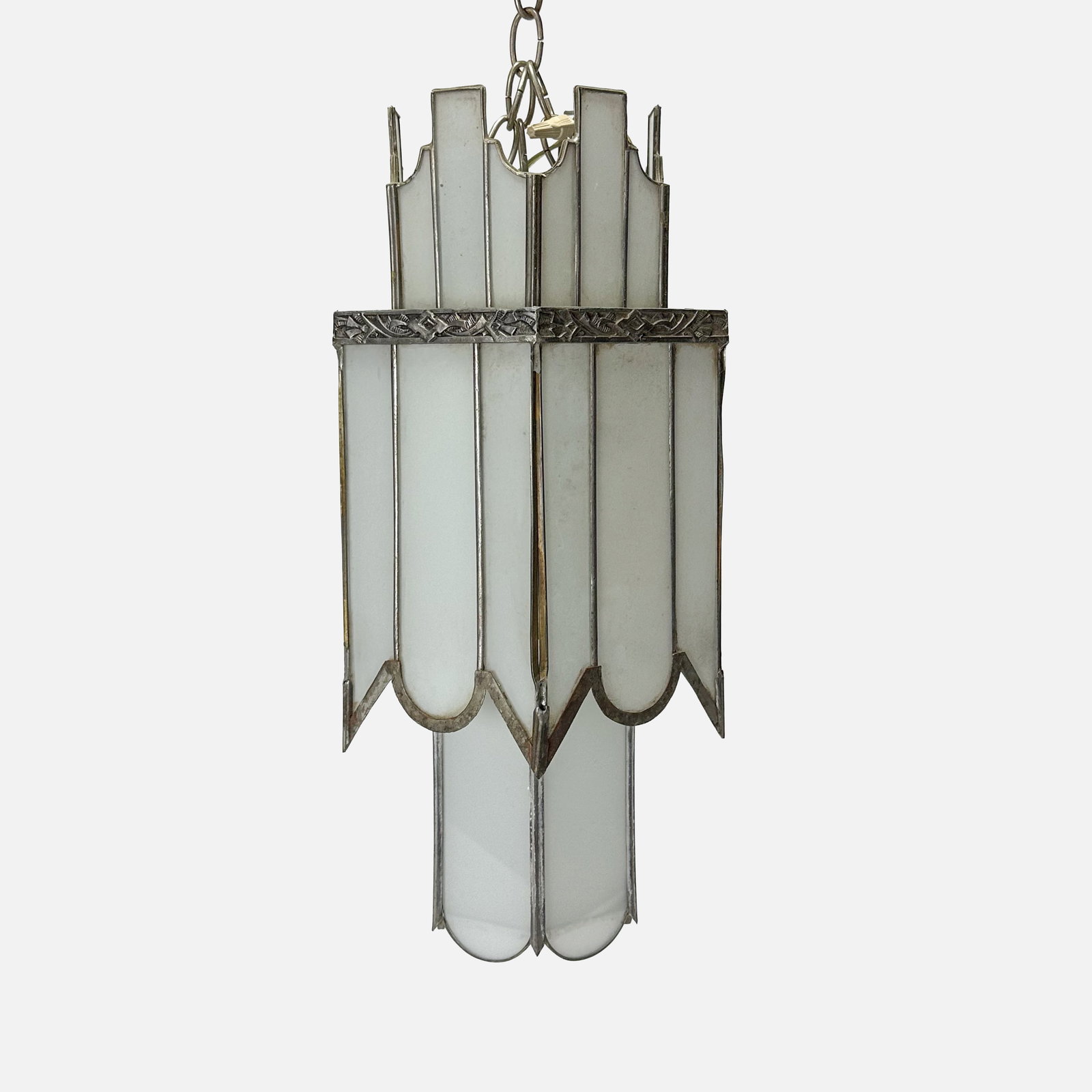 Art Deco Nickel Plated White Glass Pendant Light: Ca. first quarter 20thC. Fair to good with some cracked glass. Will need panels replaced.