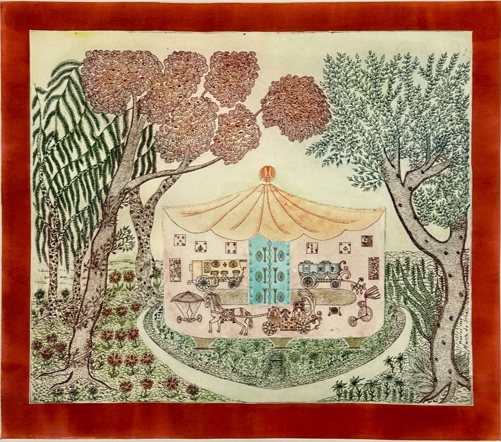 Maria de Silva "Carrusel en el Bosque" Framed Portuguese Etching: Pencil titled and signed below image. Plate size approx. 14 1/2" x 16 1/2"