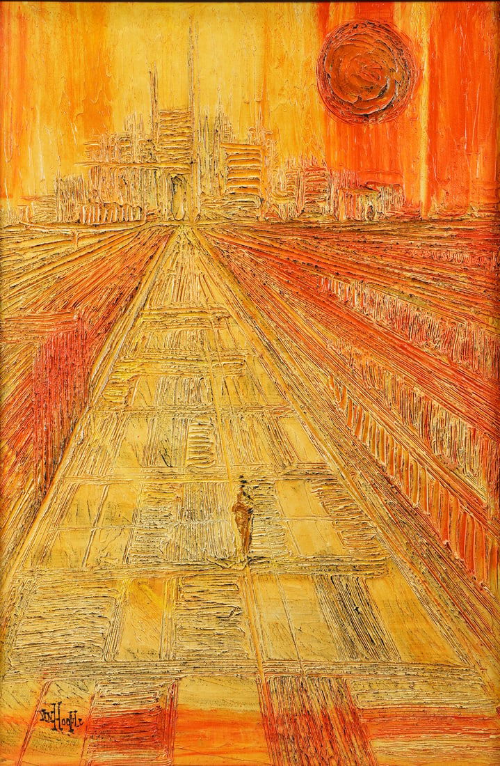 Van Hoople Mid Century Modern Golden Yellow Sunscape Oil Painting on Masonite MCM Outer Limits (1 of 4)