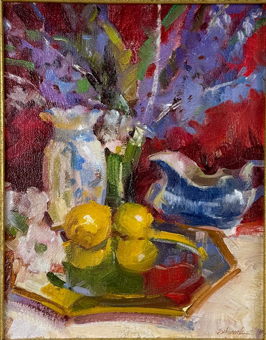 Mary Beth Schwark "Blue Willows & Lemons" Oil on Board Still Life Painting (1 of 5)