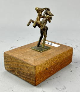 20thC Benin Bronze Tribal Horseback Warrior Horse Rider: Last half 20thC. Very good smaller figurine with no apparent breaks or repairs. This item was used, and will show multiple areas of age appropriate wear and surface losses. Please view all pictures,