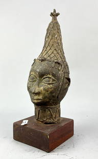 Benin African Queen Bronze Portrait Bust Nigerian Tribal Statue: Ca. second to third quarter 20thC. Very good with no apparent repairs. This item was used, and will show multiple areas of age appropriate wear and surface losses. Please view all pictures, as this