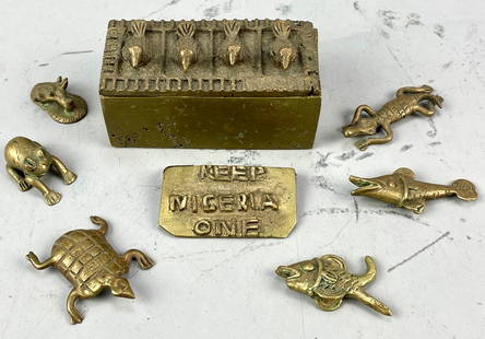 Old Akan Brass Animal Figure Gold Weights, Box, and KEEP NIGERIA ONE Badge: Ca. first half 20thC. The measurements are for the box. All good with no breaks or repairs. This item was used, and will show multiple areas of age appropriate wear and surface losses. Please view all