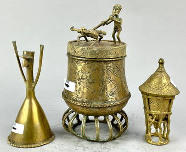 Two Old Ashanti Bronze Kuduo Gold Dust Vessel Lidded Boxes plus Bell: Ca. late 19th to first quarter 20thC. No apparent breaks or repairs. This item was used, and will show multiple areas of age appropriate wear and surface losses. Please view all pictures, as this is t