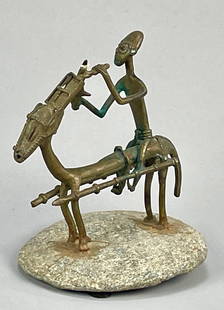 Old Akan Brass African Horse and Rider Tribal Figurine Group: Ca. first half 20thC. Very good with no apparent breaks or repairs. Stone base is not original. This item was used, and will show multiple areas of age appropriate wear and surface losses. Please view