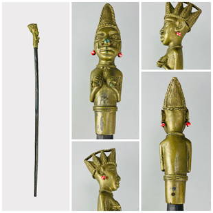 Old Akan Figural Cast Brass African Tribal Elders Walking King Stick Cane: Ca. first half 20thC, with no apparent breaks or repairs. This item was used, and will show multiple areas of age appropriate wear and surface losses. Please view all pictures, as this is the major pa